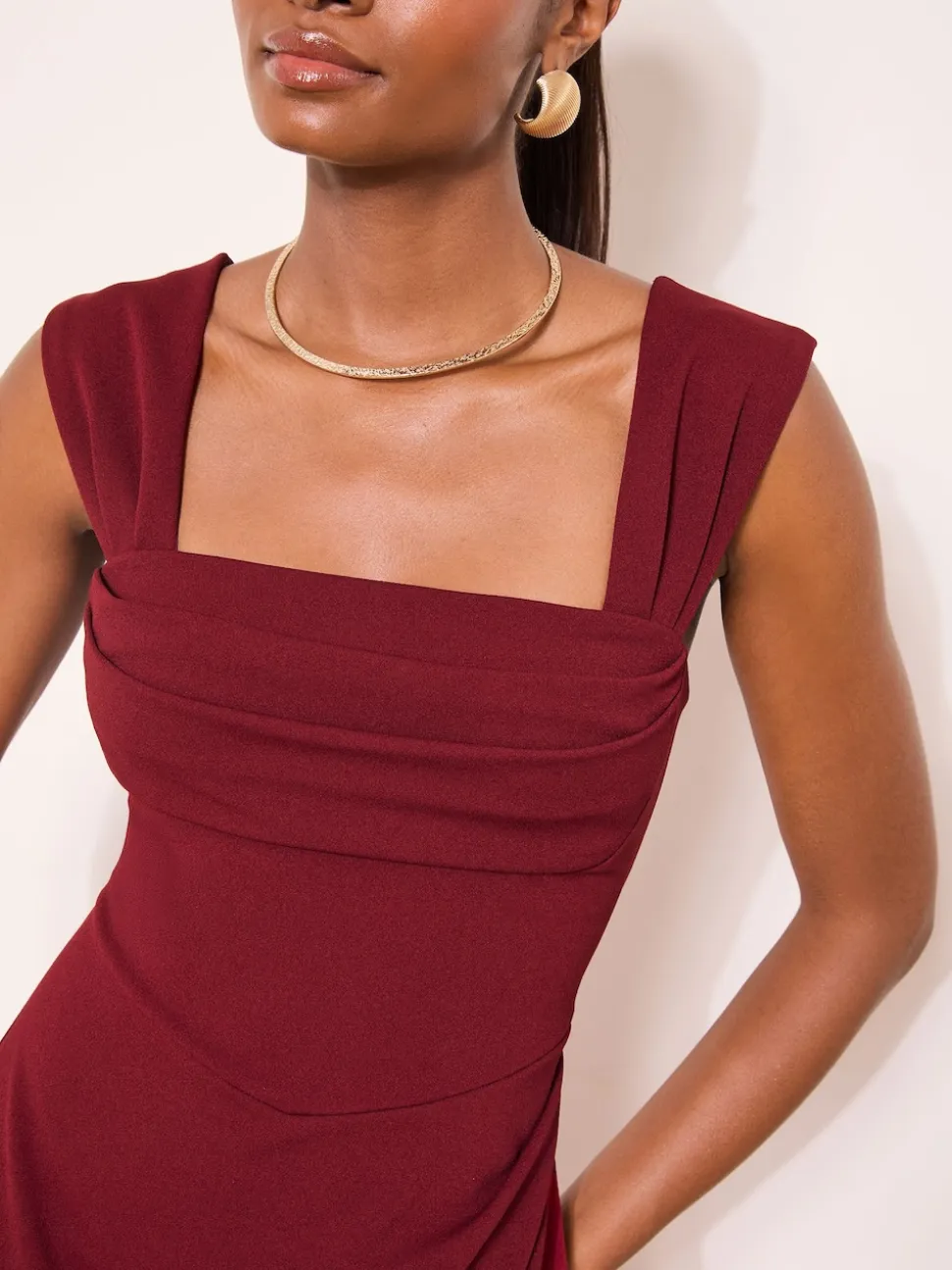 Lipsy Burgundy Red Square Neck Short Sleeve Ruched Maxi Dress
