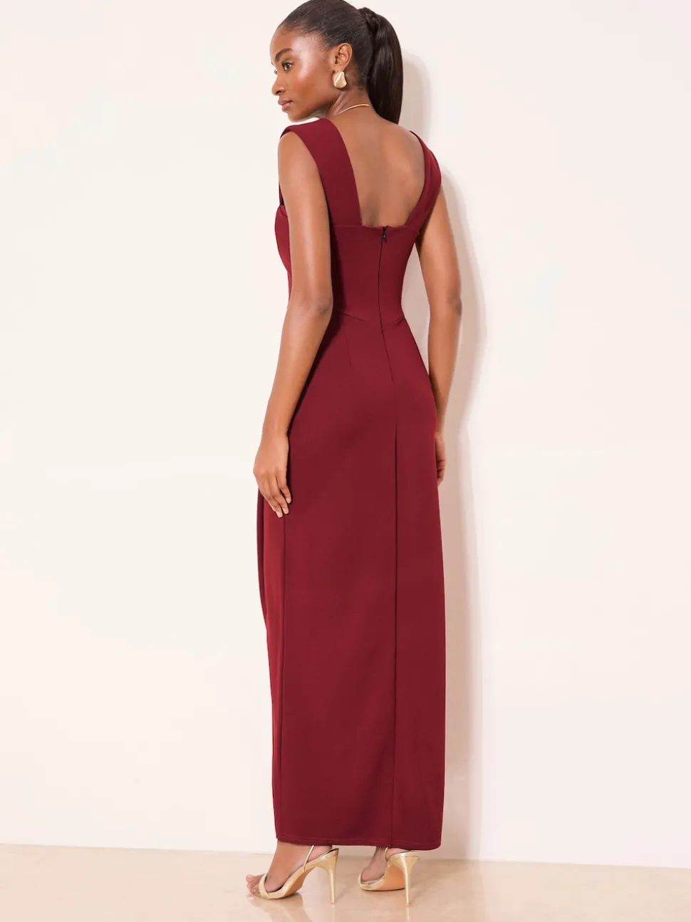 Lipsy Burgundy Red Square Neck Short Sleeve Ruched Maxi Dress