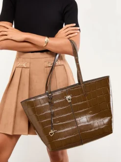 Lipsy Chocolate Brown Croc Effect Shopper Tote Bag