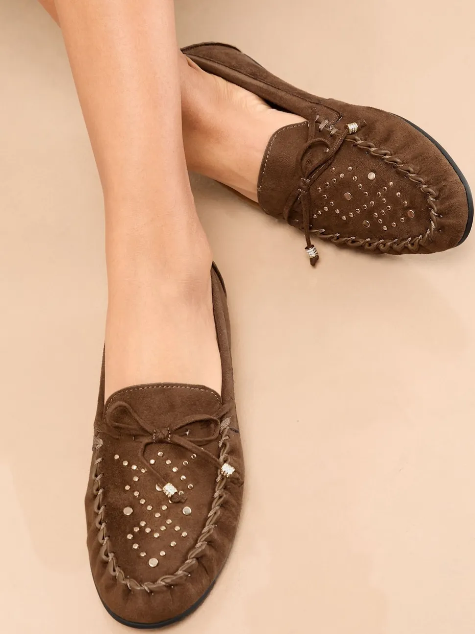 Lipsy Chocolate Brown Faux Leather Studded Casual Moccasin Loafers
