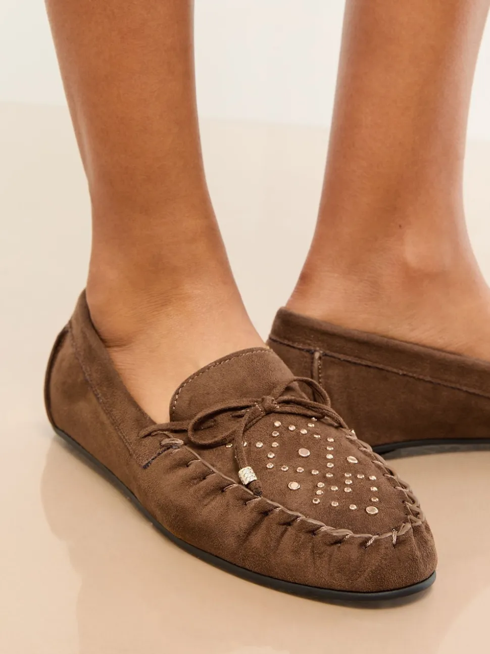 Lipsy Chocolate Brown Faux Leather Studded Casual Moccasin Loafers