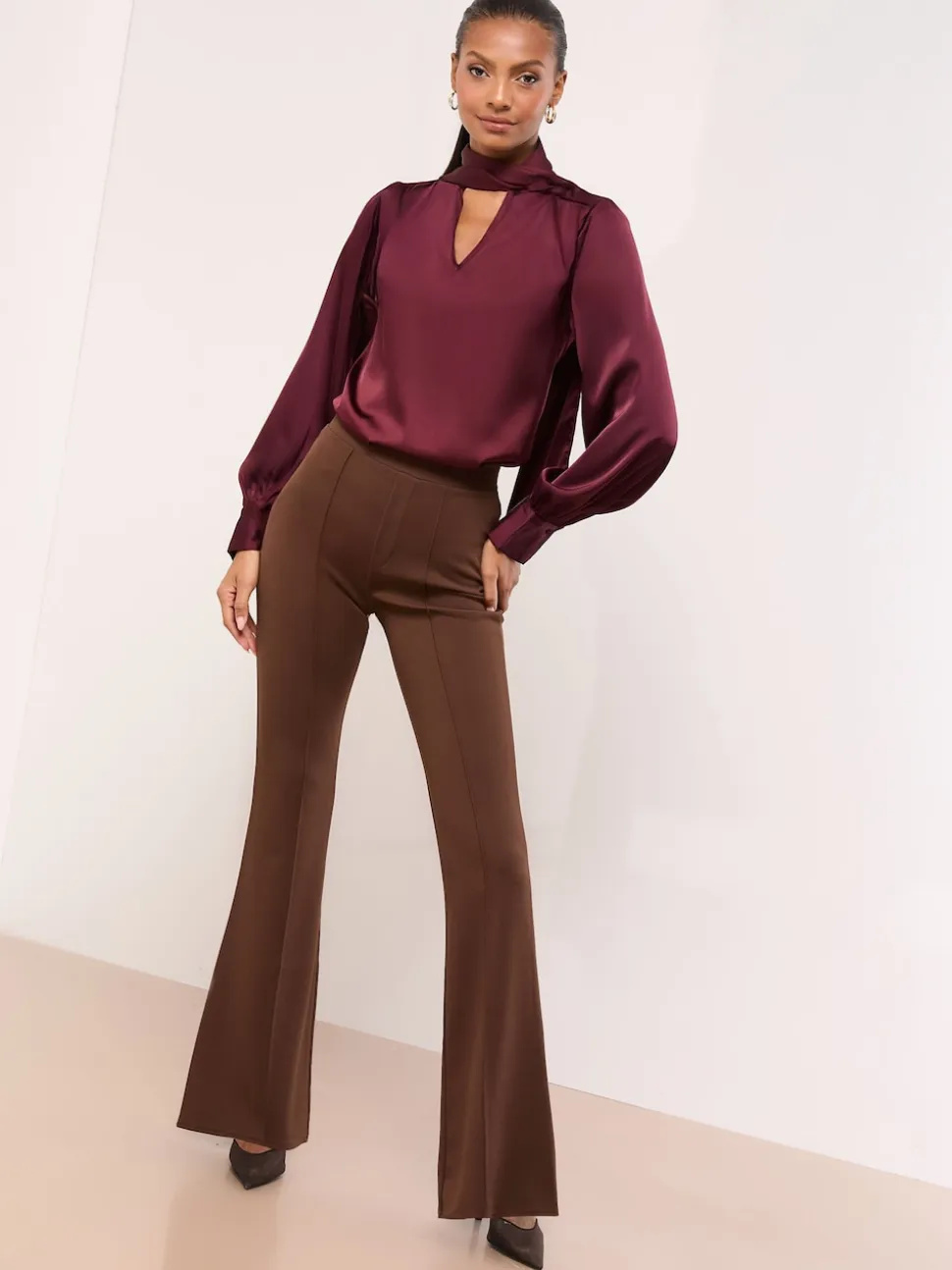 Lipsy Chocolate Brown High Waisted Contour Bootleg Flared Trousers