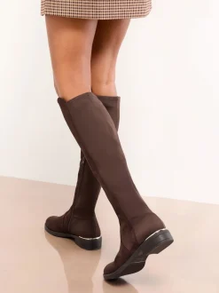 Lipsy Chocolate Brown Standard fit Faux Suede Elasticated Flat Knee High Casual Boots