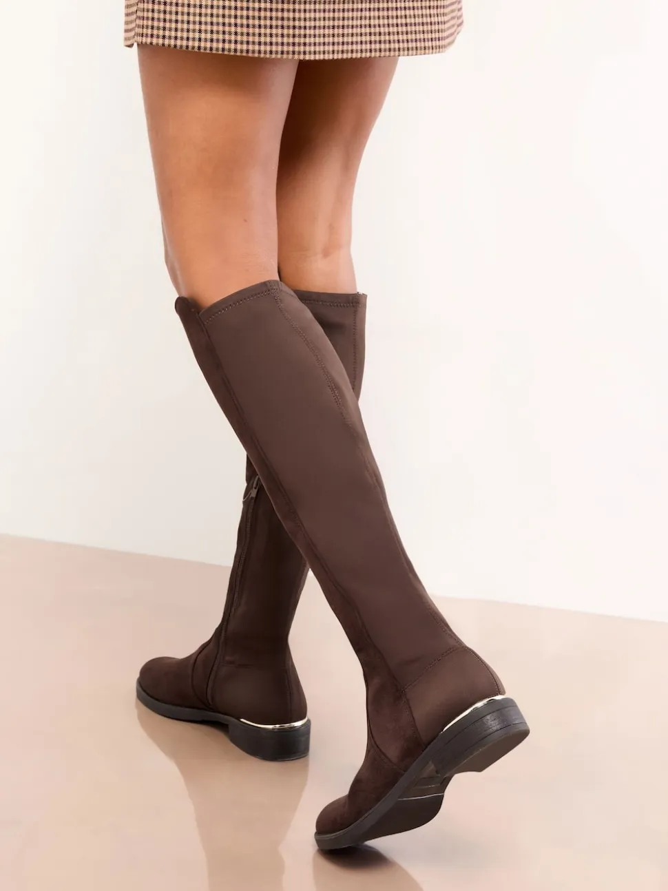 Lipsy Chocolate Brown Standard fit Faux Suede Elasticated Flat Knee High Casual Boots