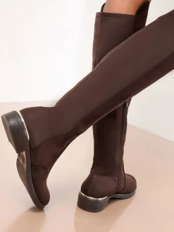 Lipsy Chocolate Brown Wide Fit Faux Suede Elasticated Flat Knee High Casual Boots