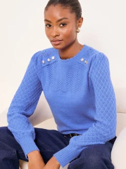 Lipsy Cobalt Blue Buttoned Pointelle Stitch Long Sleeve Crew Neck Knit Jumper