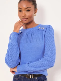 Lipsy Cobalt Blue Buttoned Pointelle Stitch Long Sleeve Crew Neck Knit Jumper