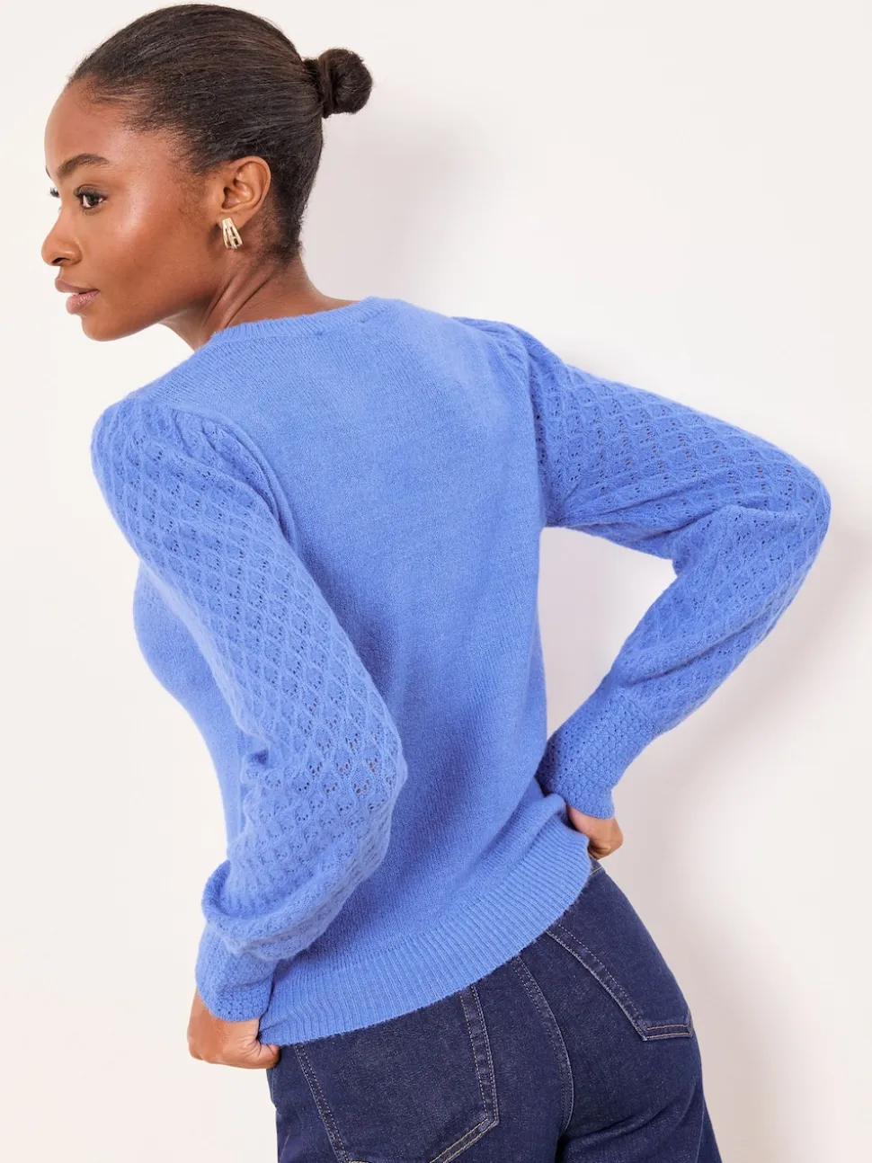 Lipsy Cobalt Blue Buttoned Pointelle Stitch Long Sleeve Crew Neck Knit Jumper