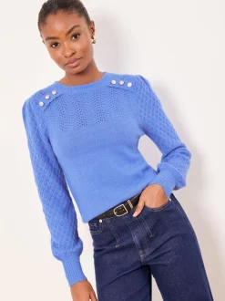 Lipsy Cobalt Blue Buttoned Pointelle Stitch Long Sleeve Crew Neck Knit Jumper