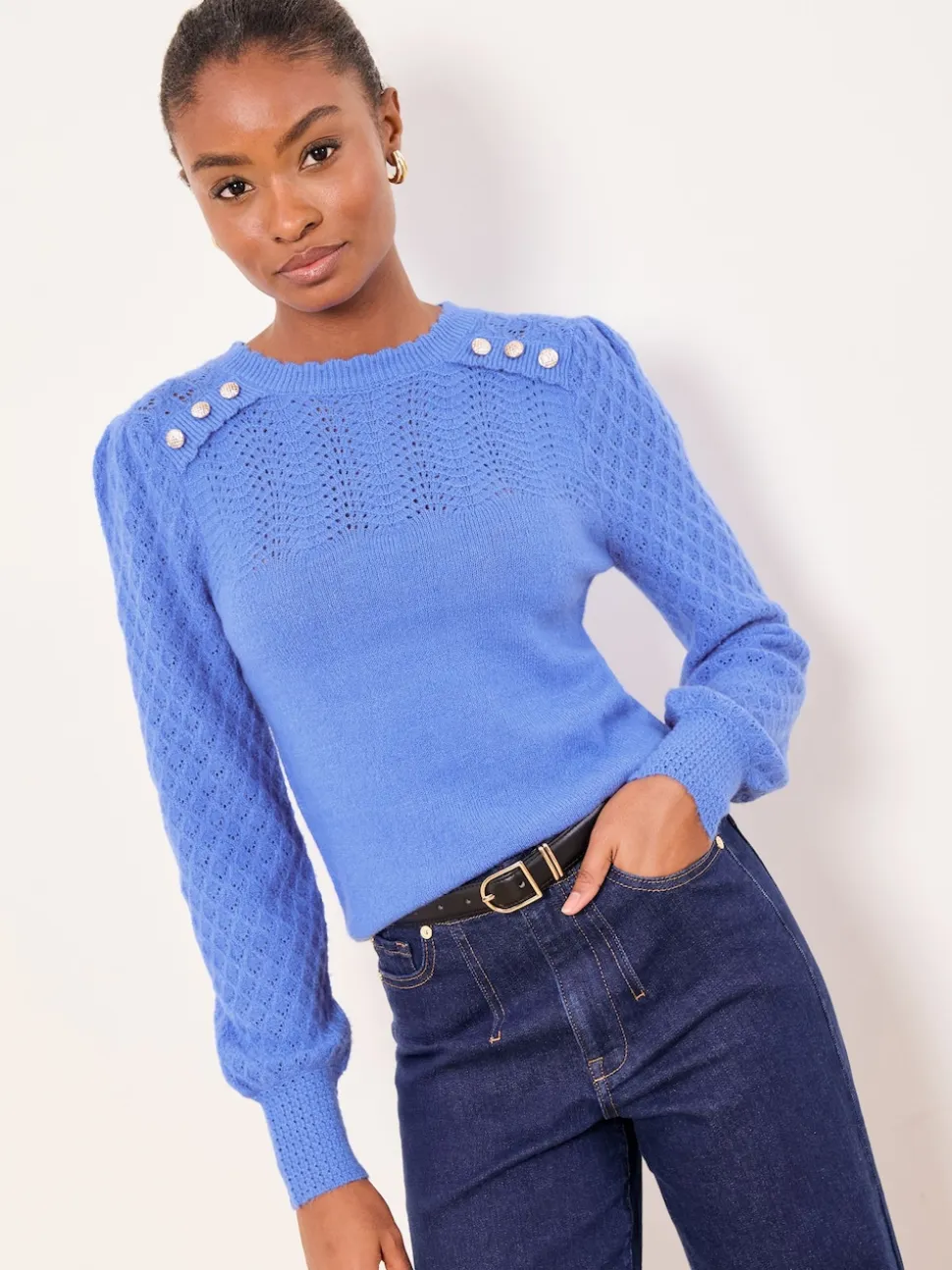 Lipsy Cobalt Blue Buttoned Pointelle Stitch Long Sleeve Crew Neck Knit Jumper