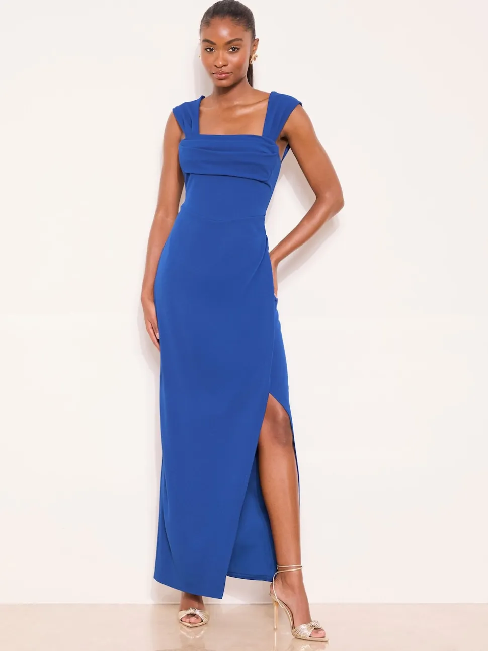 Lipsy Cobalt Blue Square Neck Short Sleeve Ruched Maxi Dress
