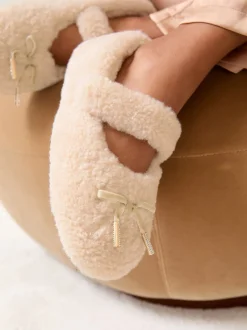 Lipsy Cream Borg Mary Jane with Bow Detail Slippers