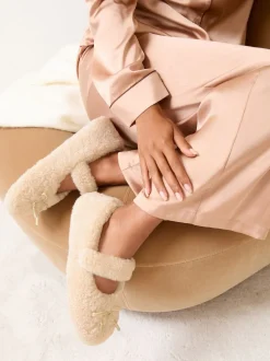 Lipsy Cream Borg Mary Jane with Bow Detail Slippers