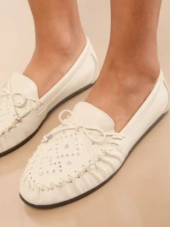 Lipsy Cream Faux Leather Studded Casual Moccasin Loafers