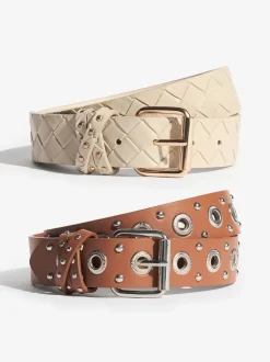 Lipsy Cream Weave and Tan Stud Belts 2 Pack