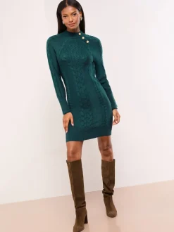 Lipsy Dark Green Buttoned Roll Neck Cable Knit Cosy Mini Dress