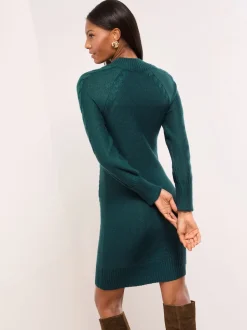 Lipsy Dark Green Buttoned Roll Neck Cable Knit Cosy Mini Dress