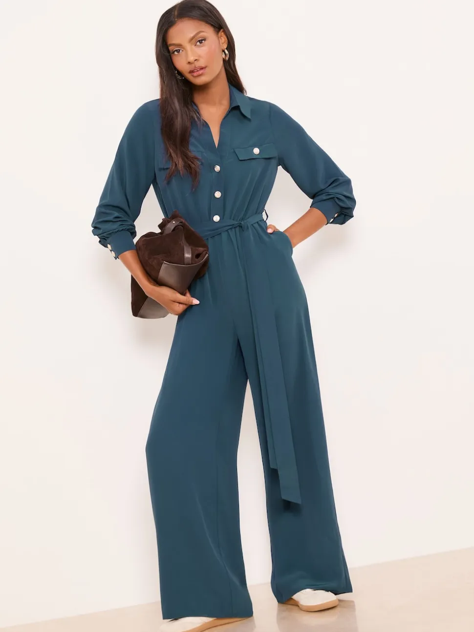 Lipsy Dark Green Petite Utility Belted Military Buttoned V-Neck Jumpsuit