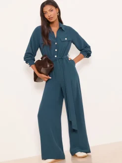 Lipsy Dark Green Utility Belted Military Buttoned V-Neck Jumpsuit