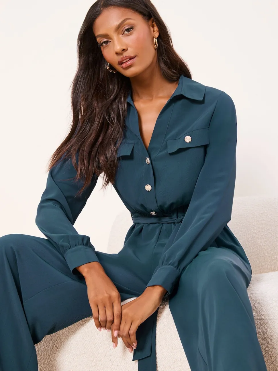 Lipsy Dark Green Utility Belted Military Buttoned V-Neck Jumpsuit