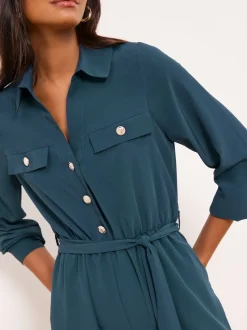Lipsy Dark Green Utility Belted Military Buttoned V-Neck Jumpsuit