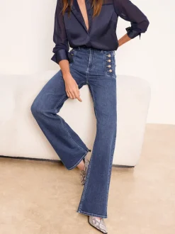 Lipsy Dark Wash Blue Petite Sailor Button Flared Leg Jeans