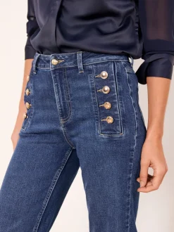 Lipsy Dark Wash Blue Petite Sailor Button Flared Leg Jeans