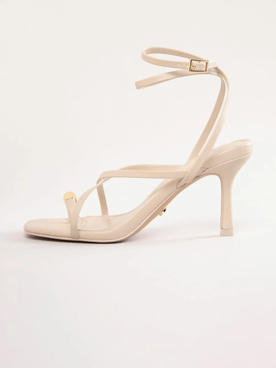 Lipsy Ecru High Heeled Metal Toe Ring Faux Leather Sandals