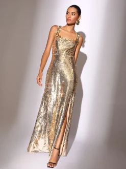 Lipsy Gold Premium Flower Trim Sequin Square Neck Maxi Dress