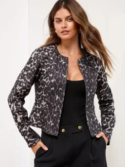 Lipsy Grey Animal Print Cropped Collarless Blazer