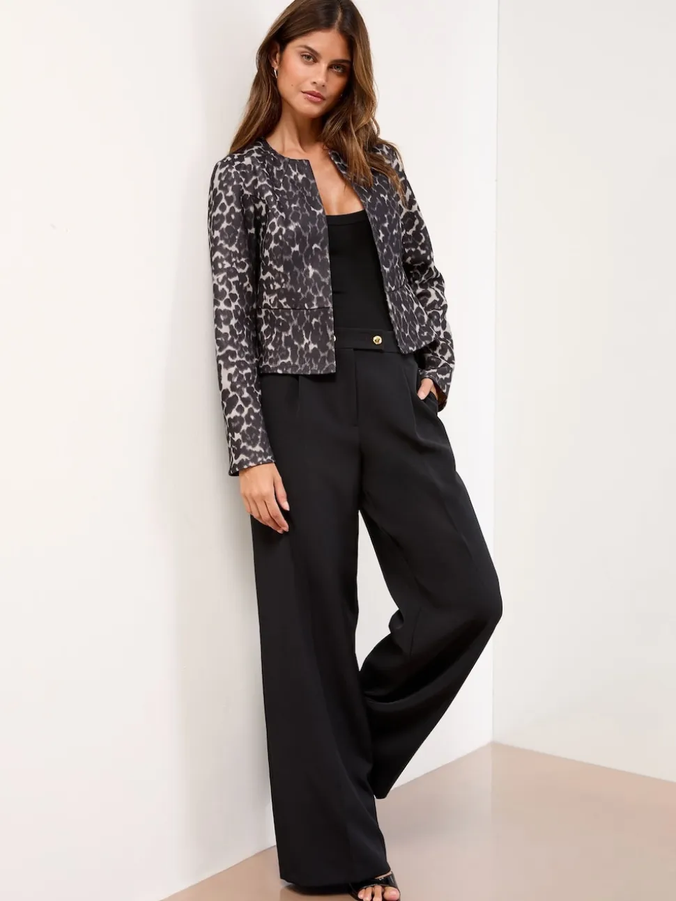 Lipsy Grey Animal Print Cropped Collarless Blazer
