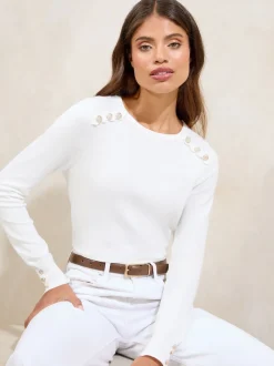 Lipsy Ivory White Knitted Scallop Buttoned Crew Neck Jumper