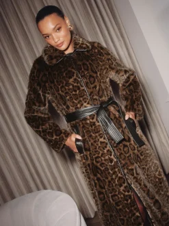 Lipsy Leopard Print Faux-Fur Belted Longline Coat