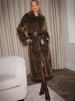 Lipsy Leopard Print Faux-Fur Belted Longline Coat