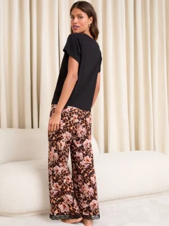 Lipsy Leopard Print Lace Trim Jersey Short Sleeve Trousers Pyjamas Set