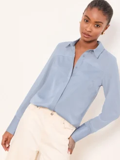 Lipsy Light Blue Long Sleeve Satin Chiffon Mix Shirt