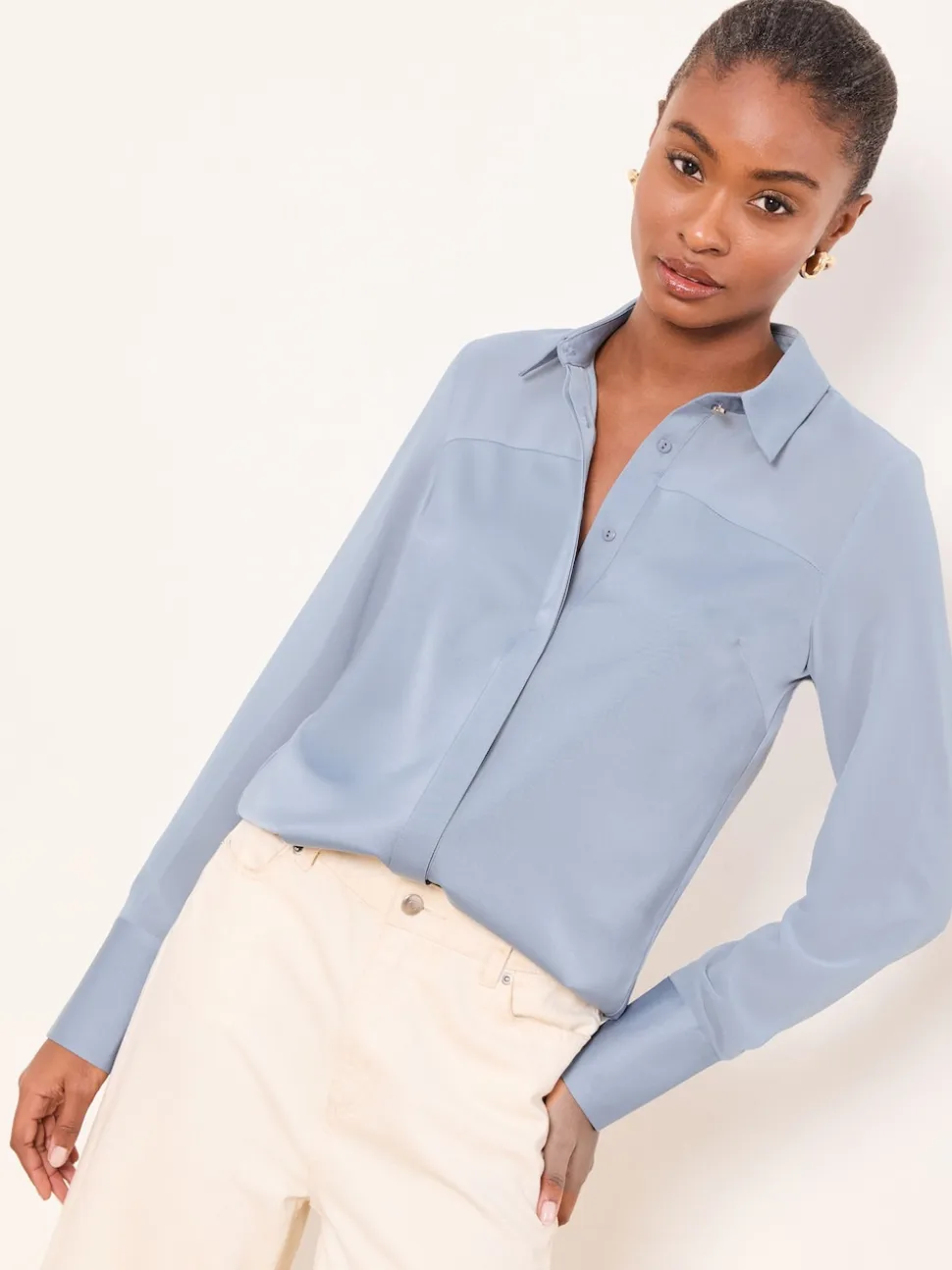 Lipsy Light Blue Long Sleeve Satin Chiffon Mix Shirt