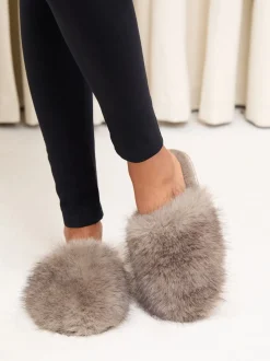 Lipsy Mocha Faux Fur Ultra Fluffy Close Toe Mule Nightwear Slippers