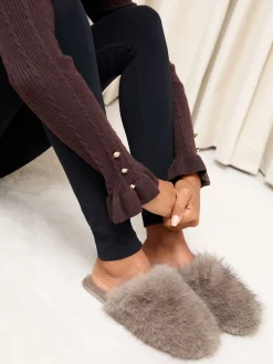 Lipsy Mocha Faux Fur Ultra Fluffy Close Toe Mule Nightwear Slippers