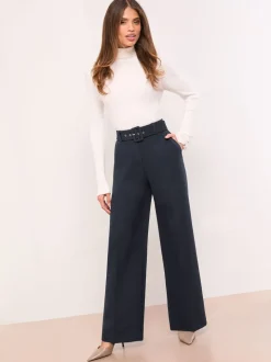 Lipsy Navy Blue Belted Tailored Wide Leg Trousers