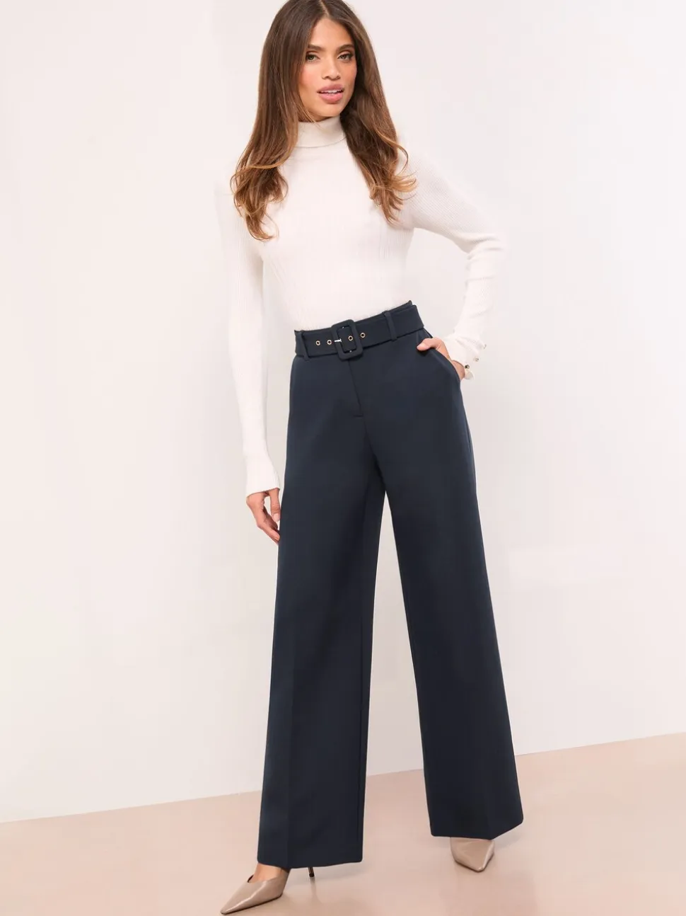 Lipsy Navy Blue Belted Tailored Wide Leg Trousers
