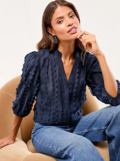 Lipsy Navy Blue 3D Fabric Grandad Collar Short Sleeve Shirt