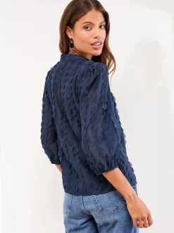 Lipsy Navy Blue 3D Fabric Grandad Collar Short Sleeve Shirt