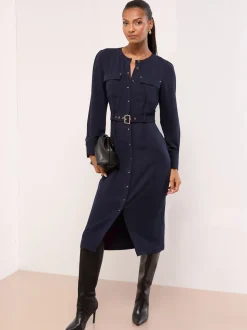 Lipsy Navy Blue Grandad Collar Belted Midi Button Through Shirt Dress