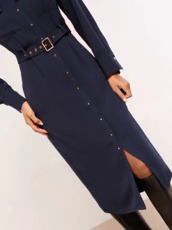 Lipsy Navy Blue Grandad Collar Belted Midi Button Through Shirt Dress