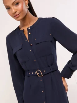 Lipsy Navy Blue Grandad Collar Belted Midi Button Through Shirt Dress