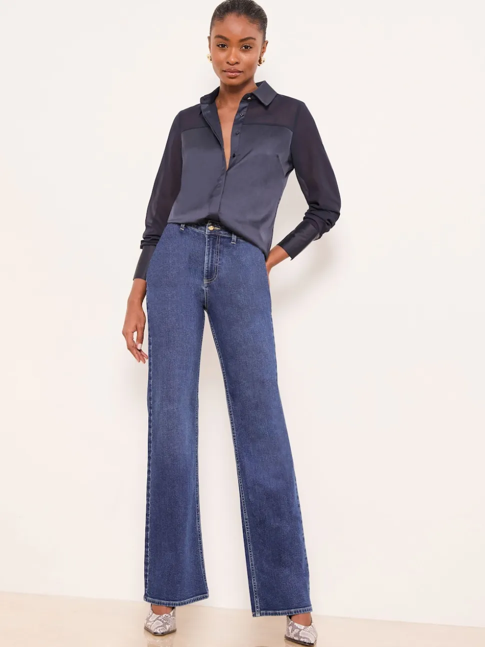 Lipsy Navy Blue Long Sleeve Satin Chiffon Mix Shirt