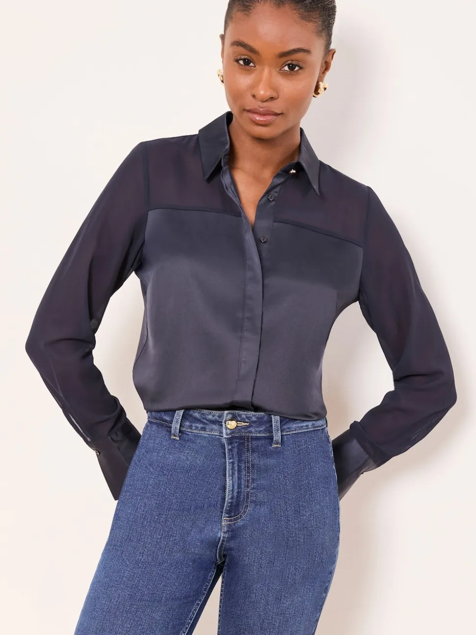 Lipsy Navy Blue Long Sleeve Satin Chiffon Mix Shirt