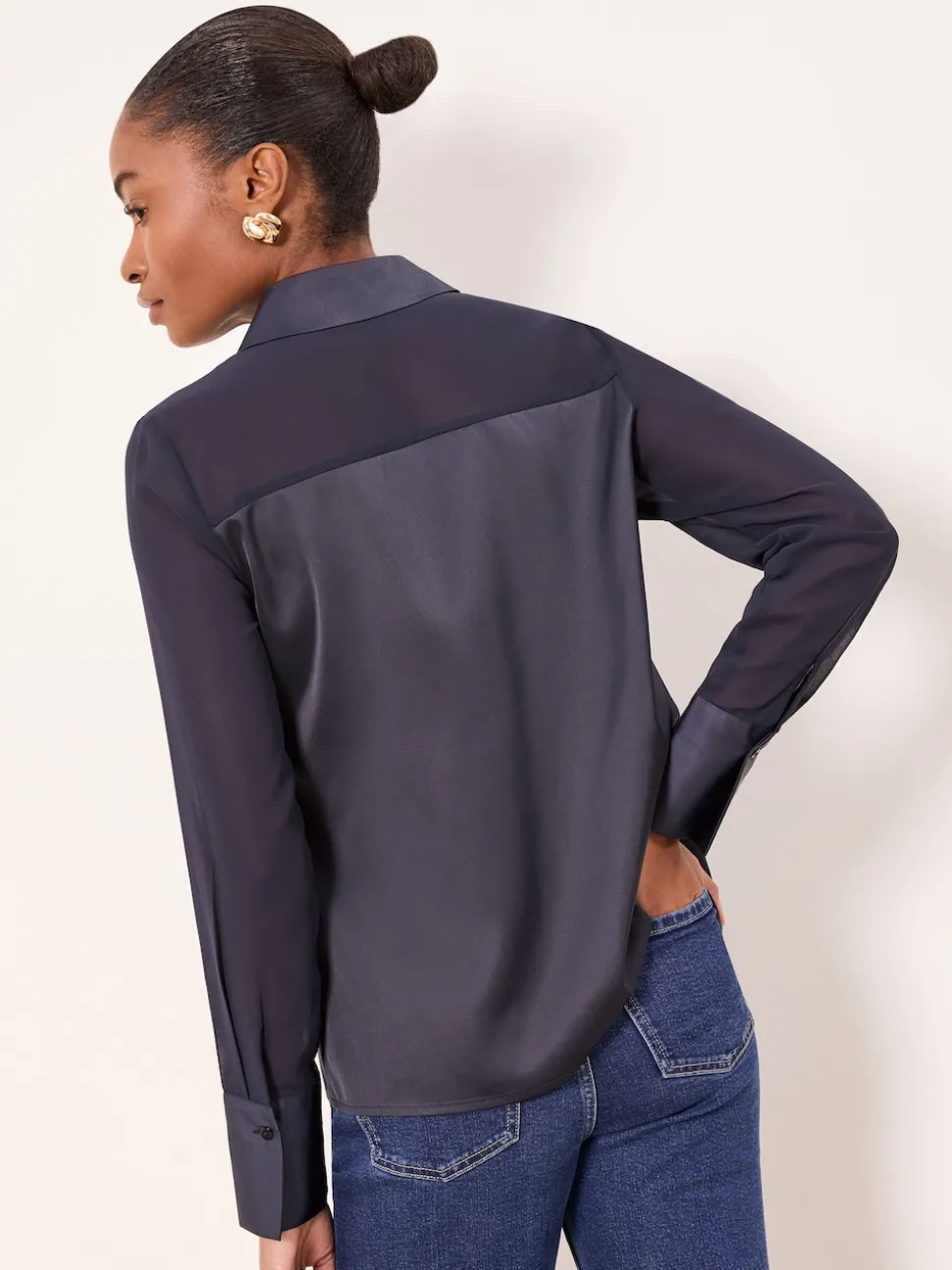 Lipsy Navy Blue Long Sleeve Satin Chiffon Mix Shirt