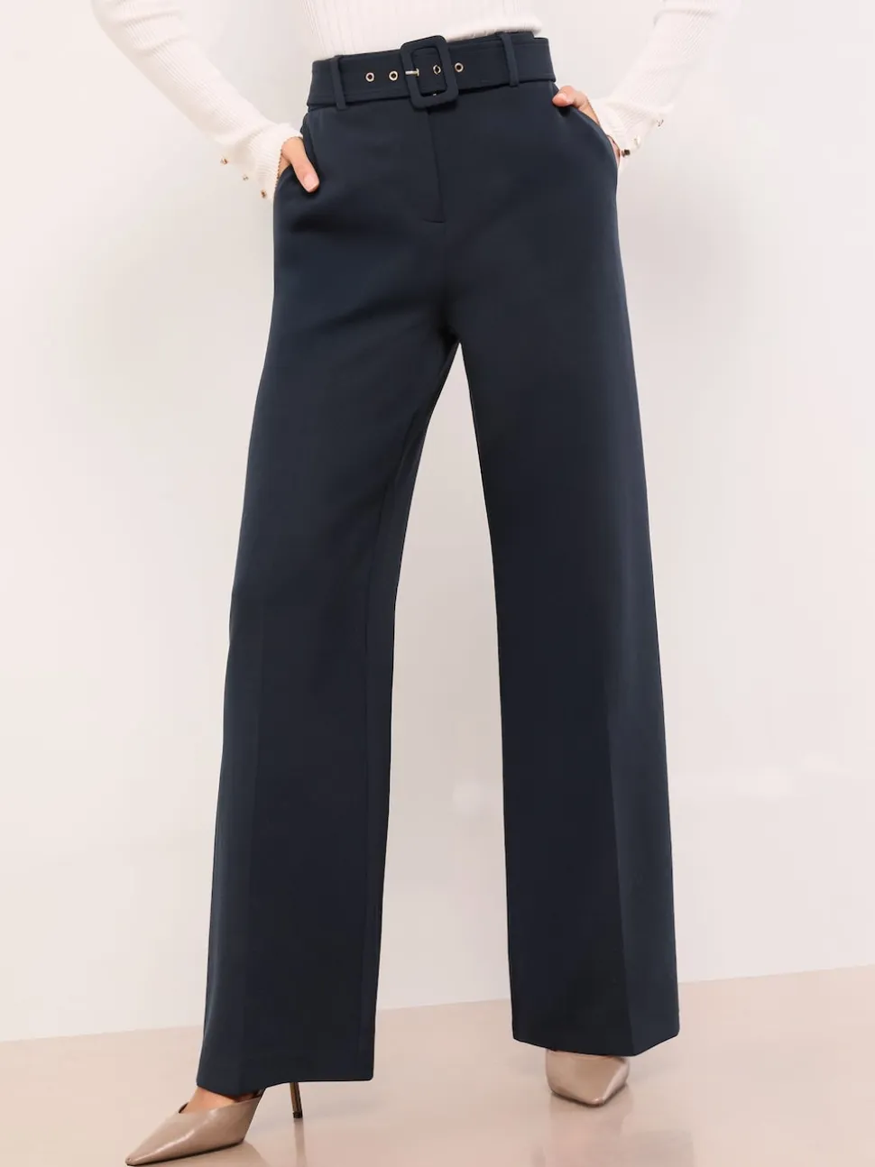 Lipsy Navy Blue Petite Belted Tailored Wide Leg Trousers